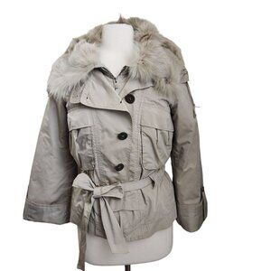 DAFFO Down Puffer‎ Jacket Women M Fox Fur Collar Sleeve Outerwear Beige Belted
